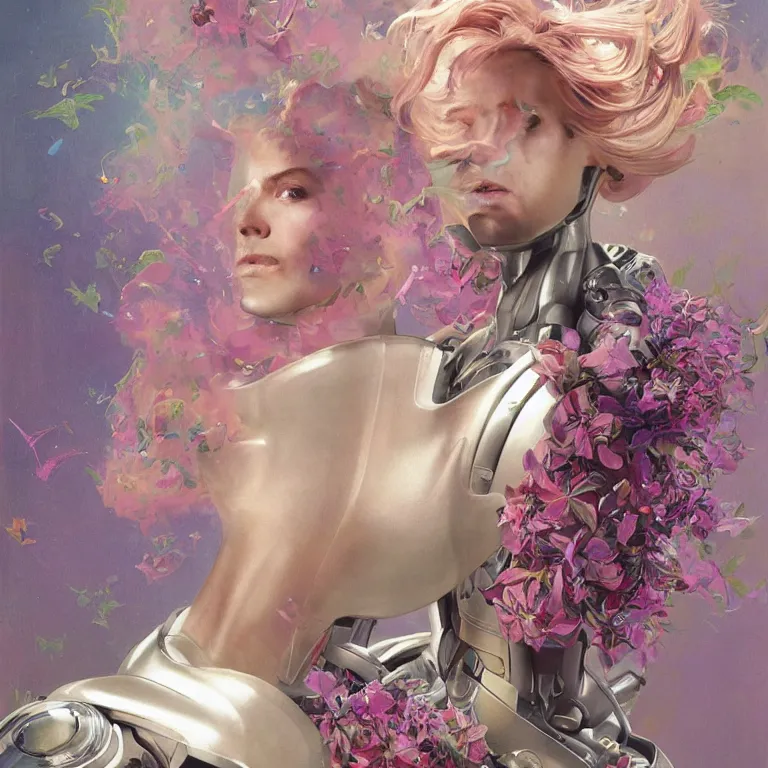 Prompt: a professional portrait of one swirly pink haired little cyborg from movie ex machina wearing a greek space suit, muted colors, colorful flowers, tropical, sunlight filtering through skin, dynamic hair movement, dynamic pose, glowing butterflies, j. c leyendecker, by alan lee, wlop! illustrated by starember, fantasy art by craig mullins