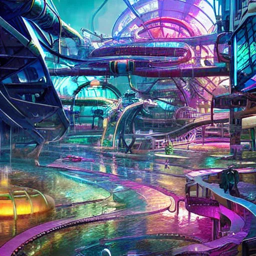 Image similar to futuristic cyberpunk waterpark, digital art, highly detailed, epic composition, cinematic lighting