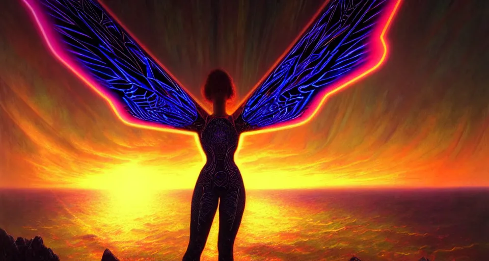 Image similar to psychedelic tron wings in front mind bending sunset, cliffside ocean scene, backlit, intricately aesthetic, surreal, diffuse lighting, hyper realistic, elegant, intricate, hyper detailed, smooth, sharp focus, concept art, illustration, trending on artstation, art by artem demura, greg rutkowski, james gurney, and alphonse mucha