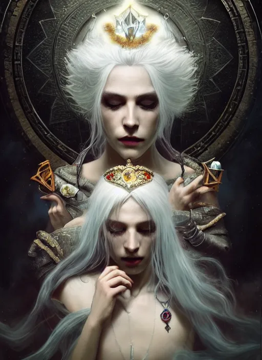 Prompt: a beautiful white haired queen, adorned with precious stone jewelry, intricate concept art, ominous, sinister dark fantasy, occult, spells, magic, enchanted, misty, dramatic lighting, dark background, esoteric symbolism, octane render, 8 k, ruan jia and tom bagshaw and alphonse mucha