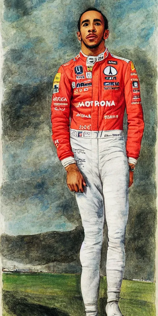 Prompt: A portrait of Lewis Hamilton in his racing uniform by William Blake