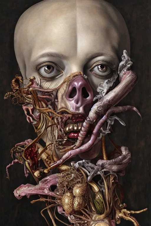 Image similar to Detailed maximalist portrait of a greek god with large lips and eyes, scared expression, botanical anatomy, skeletal with extra flesh, HD mixed media, 3D collage, highly detailed and intricate, surreal illustration in the style of Jenny Saville, dark art, baroque, centred in image