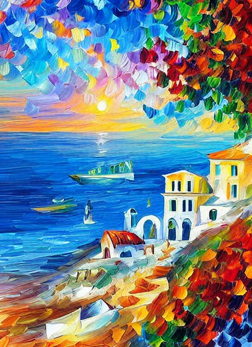 Image similar to beautiful seaside greek village in the style of leonid afremov