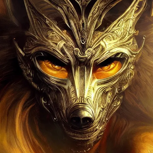 Prompt: Very very very very highly detailed epic photo of face with werewolf venetian mask, intricate, dystopian, sci-fi, extremely detailed, digital painting, artstation, concept art, smooth, sharp focus, illustration, intimidating lighting, incredible art by Artgerm and Vincent di Fate