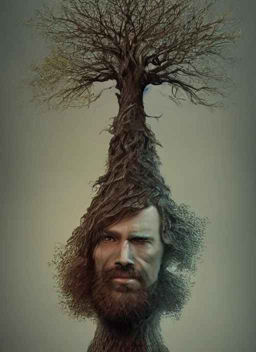 Prompt: a tree in the shape of a man’s face, his dreaded hair is the limbs and roots, epic painting, artstationHD