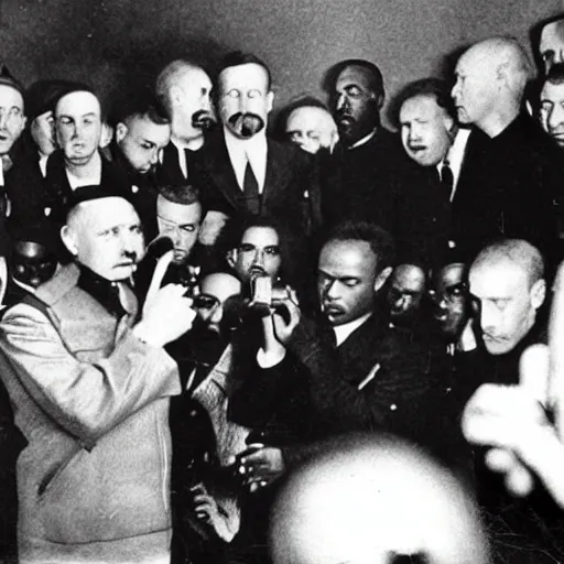 Image similar to hitler congregating with modern hip hop artists, recording in front of a studio microphone, shot on iphone