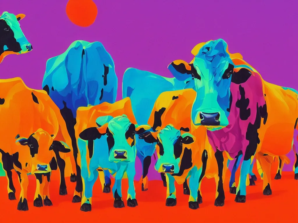 Image similar to Guernsey Cows, bright colors, neon orange, beauty, summer vibes, trending on artstation