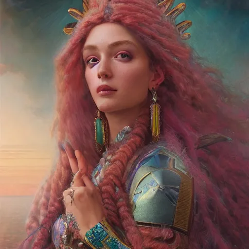 Image similar to octane render, artstation, 8 k, intricate detail, hyper detail, portrait by gaston bussiere, greg rutkowski, sandro botticelli, tan lady of elche, egyptian sumerian features, techno mystic goddess princess intergalactica inanna with aqua neon rapunzel dreadlocks,