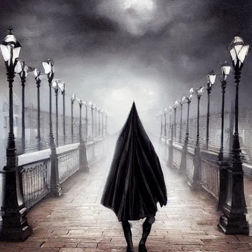 Prompt: terrifying vampiric creature walking through the center of old london city, oil painting, gloomy misty atmosphere, symmetrical, full body image, highly ornate intricate details, very sharp photo,
