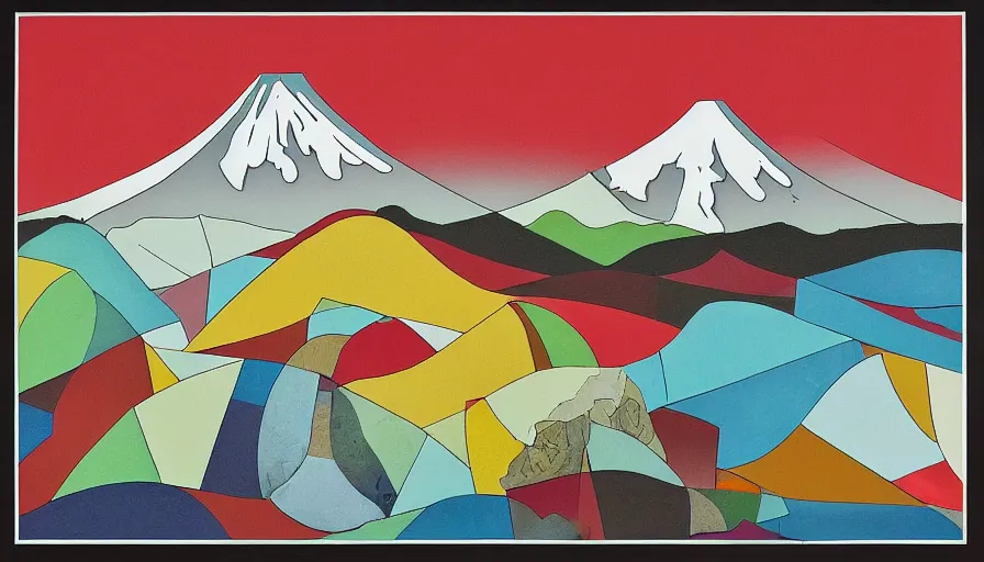 Prompt: award winning graphic design poster, cutouts constructing an contemporary art depicting a lone mount fuji in the distance behind a mountain range isolated on white, rural splendor, and bountiful crafts, local foods, edgy and eccentric abstract cubist realism, composition confined and isolated on white, mixed media painting by Leslie David and Lisa Frank for juxtapose magazine