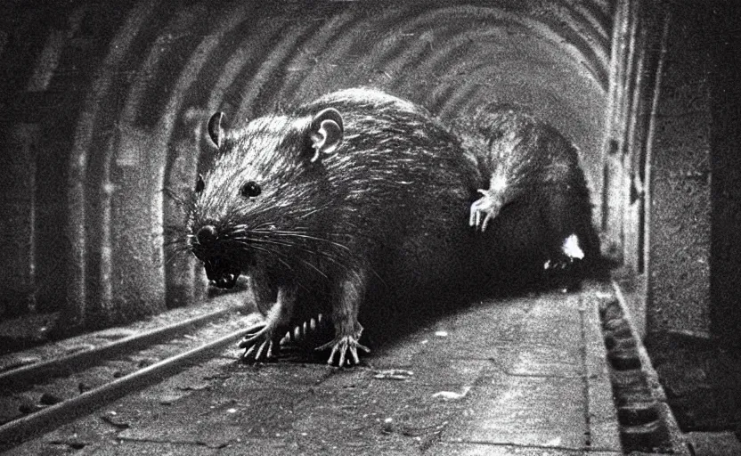 Prompt: very large giant mutant zombie rat with cancer in tonnel of moscow metro. extreme high detail. low dark light, scary atmosphere. 1 9 7 0