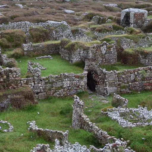 Image similar to the ruins of a giant village made out of stone, overgrown by red moss