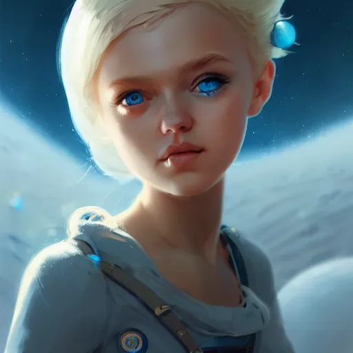 Image similar to Incredibly cute nordic girl on the Moon, blonde hair, blue eyes by Nuri iyem, James gurney, James Jean, Greg Rutkowski, highly detailed, trending on artstation, artstationHD, artstationHQ, 4k, 8k