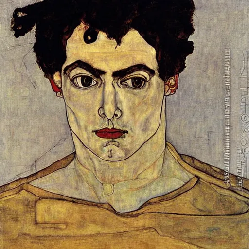 Image similar to painting of a man sitting at a grand piano, but not playing. he's looking into the void. by schiele