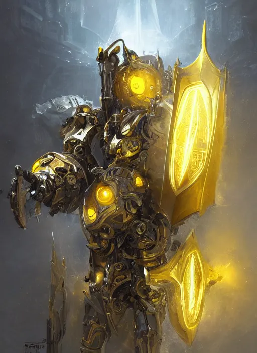 Image similar to dynamic abstract portrait of a intricate glorious holy mechanical warforged character in yellow armor holding a paladin engraved great longsword drawn and carrying a big paladin shield, beam glowing eye , face in focus, epic , trending on ArtStation, masterpiece, cinematic lighting, by Ross Tran and by Greg Rutkowski