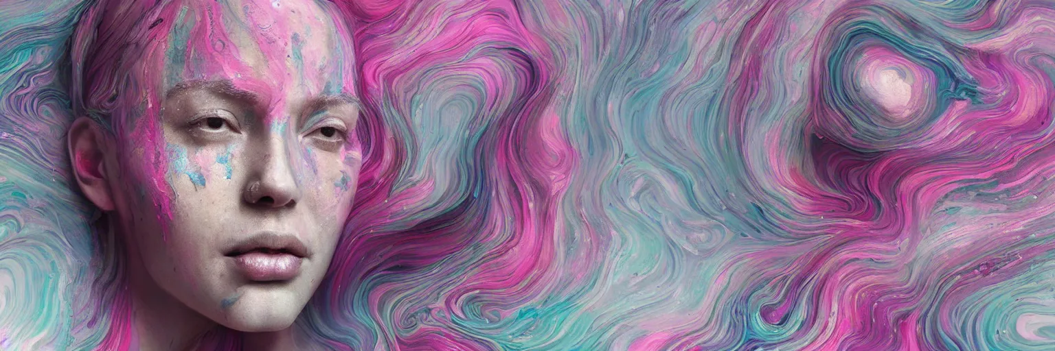 Prompt: A portrait of a very beautiful goddess with pink and grey hair radiating an artwork made of swirling paint and impasto by James Jean and WLOP , background is multicoloured volumetric displacement, hyperrealism, subsurface scattering, arnold render, noise to volume, 8k, houdini, xparticles