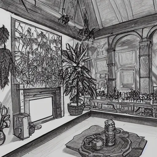 Image similar to annotated highly, detailed and intricate, sketch of a room full of plants, marker concept art style rendering, concept art, half blueprint, trending on artstation, intricate details, center frame, annotations