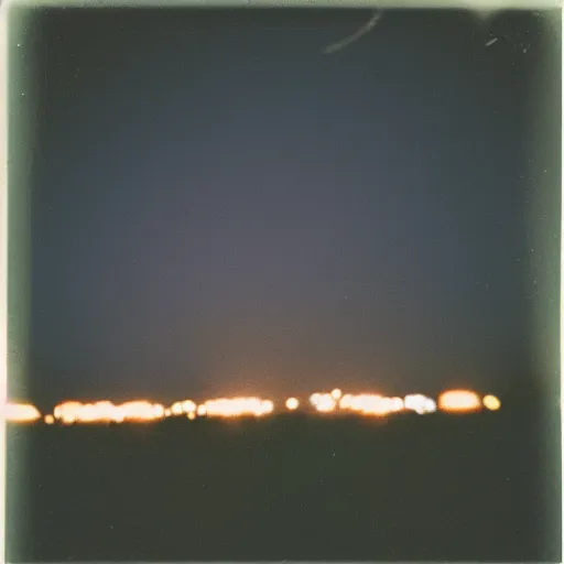 Image similar to a circle of lights flying through the sky, blurry photo, old polaroid, expired film, historical photo,