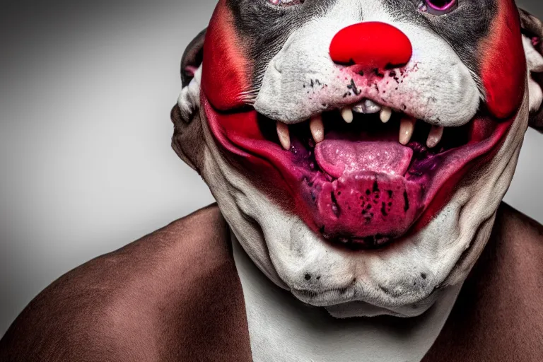 Image similar to an angry pit bull wearing clown makeup and a red rubber nose, 4 k, hdr color