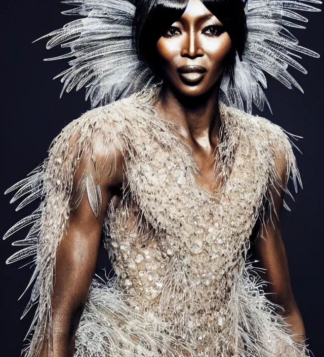 Image similar to photography portrait by paolo roversi of naomi campbell wearing a ornate transparent and metalic costume with feathers by iris van herpen, highly detailed, artstation, smooth, sharp foccus, artstation hq, skin grain detail, high detail, creativity in fashion design
