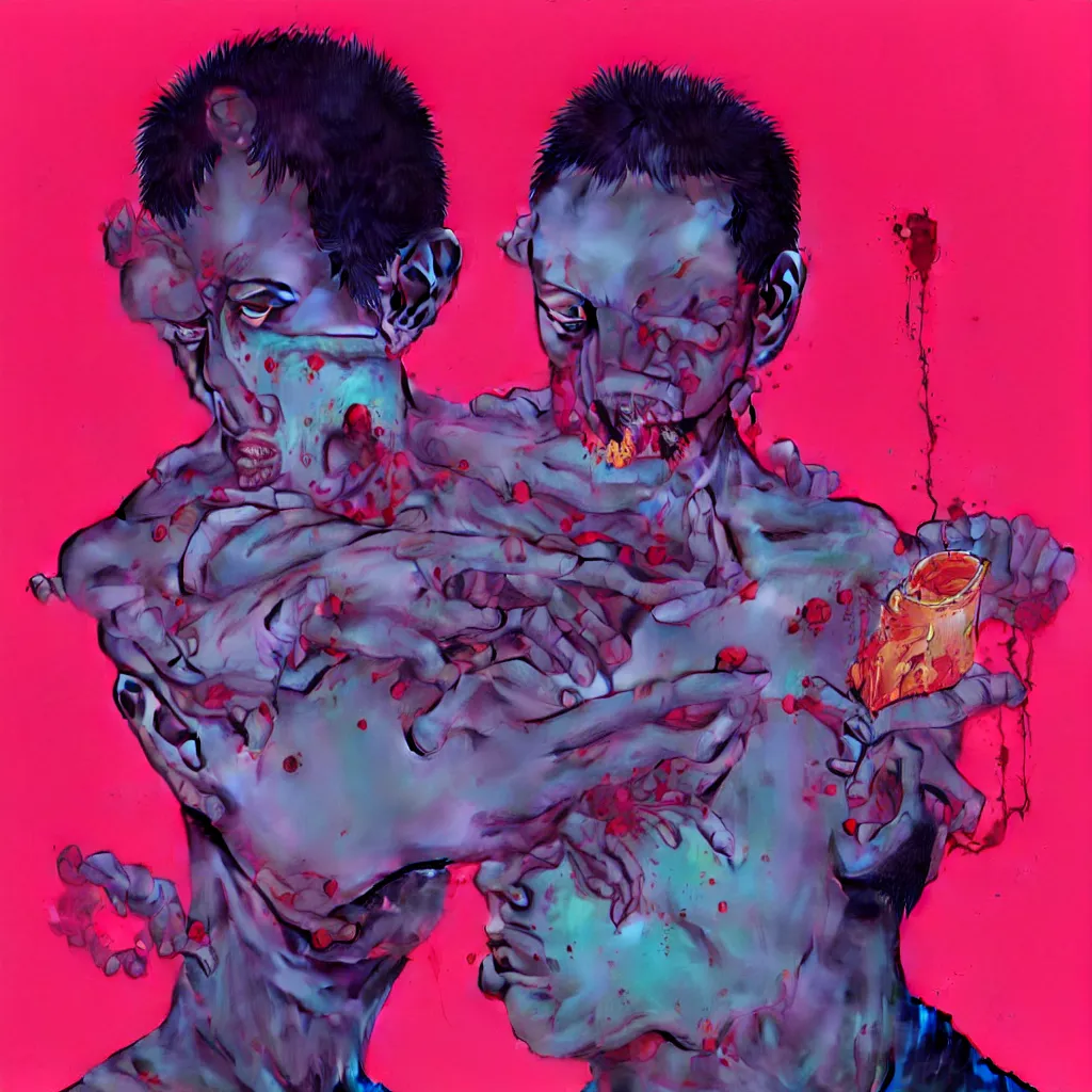 Image similar to weird and disturbing portrait of todd solondz puking blood, todd solondz, vivid colors, neon, art by ( ( ( kuvshinov ilya ) ) ) and wayne barlowe and francis bacon and artgerm and wlop and william - adolphe bouguereau