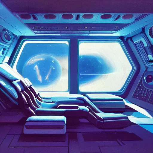 Image similar to Cozy interior of a spaceship, teal lighting, cozy lighting, space seen outside from a window, by Syd Mead, John Harris, Federico Pelat