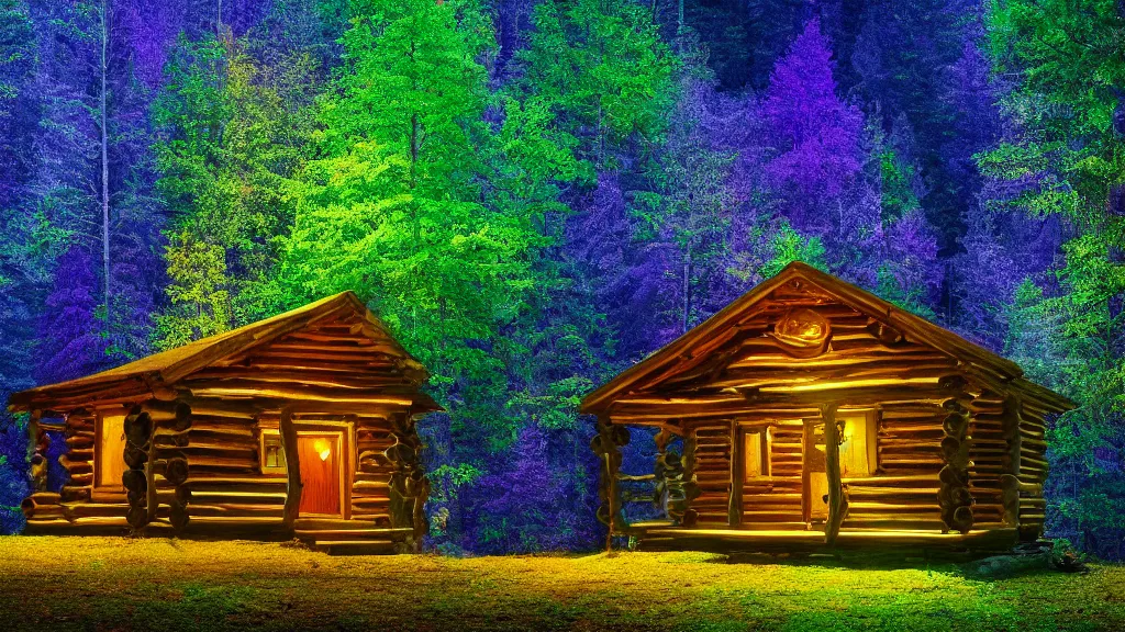 Image similar to portrait of an ethereal log cabin made of golden purple and green light, evergreen forest, divine, cyberspace, mysterious, high-contrast, 4k, award-winning photograph