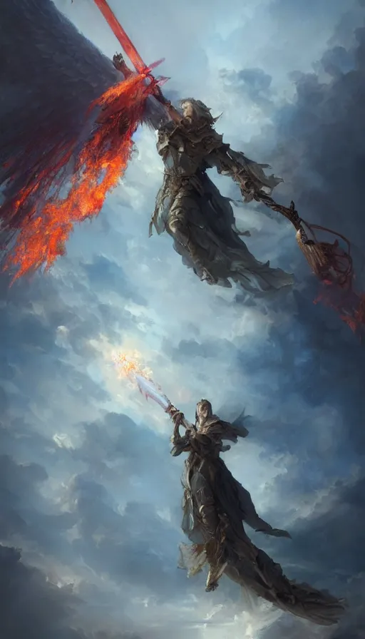 Prompt: a massive angel swinging a flaming sword in the sky, intimidating, beautiful painting by greg ruthowski, ruan jia, michal karcz, raphael lacoste, extremely detailed, fantastic quality, trending on artstation, high quality digital painting