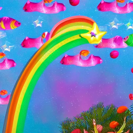 Prompt: sky with rainbow fishes, fantasy, hyperrealistic