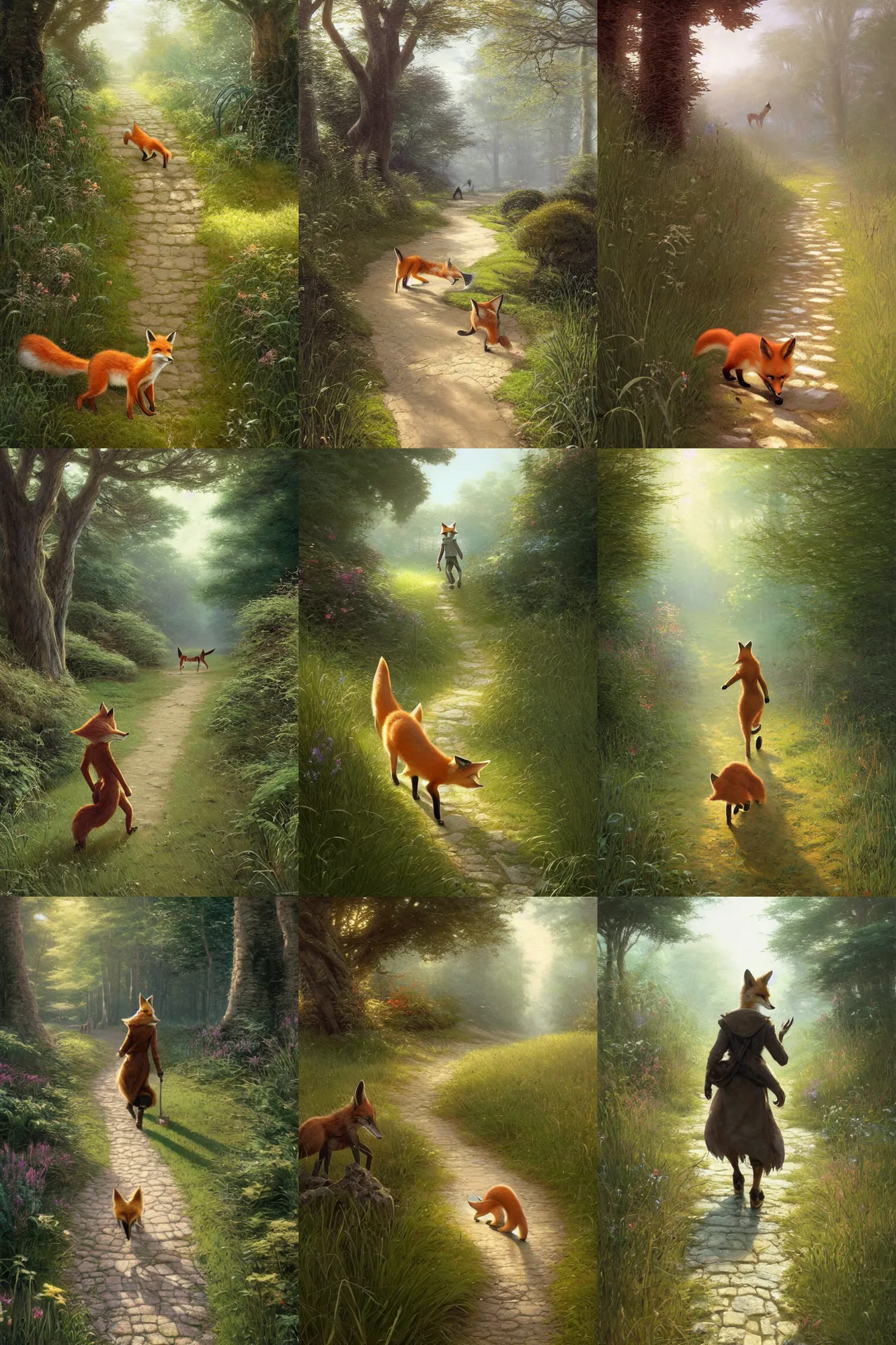 Prompt: wide shot of an anthropomorphic fox walking along a path surrounded by long grass, illustration by , greg rutkowski, thomas kinkade, Howard Pyle, disney, El Greco, Cynthia Sheppard