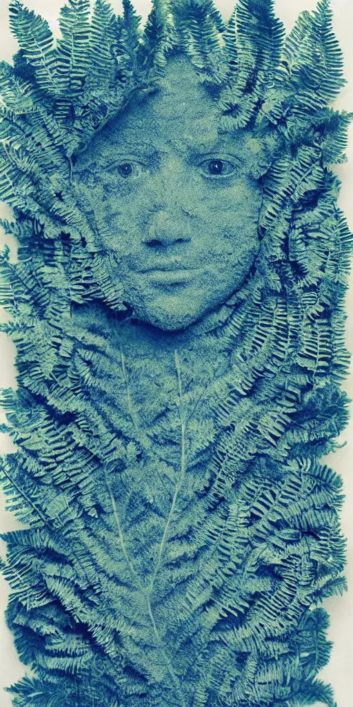 Prompt: a human face made of ferns, Cyanotype by Anna Atkins, seaweed, Algae, white on a blue background, Photography, botanical