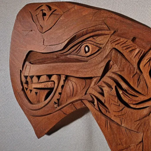 Prompt: ancient irish dinosaur, relief wood carving, detailed