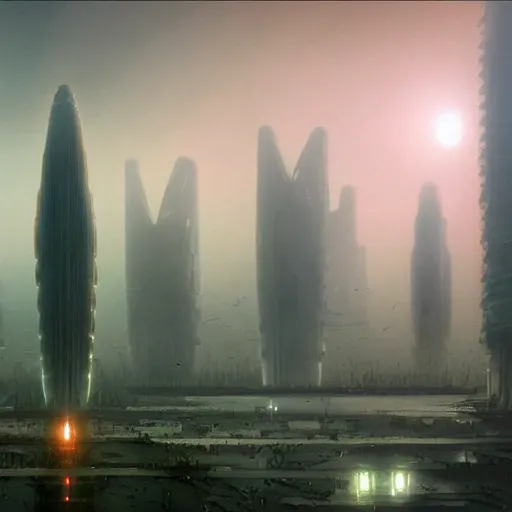 Image similar to a futuristic city scape of vertical organic farms, breeding, growing, cellular structures, epic landscape, endless towering science fiction towers, misty, in the style of john harris