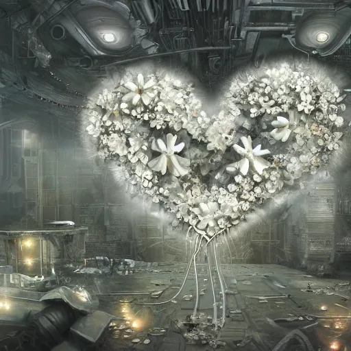 Image similar to biocomputer heart with white biocomputer flowers and biomechanical flowers, intricate environment, matte painting, diffused lighting, highly detailed cinematic, epic composition, highly detailed, atmospheric, wide angle, artstation trending