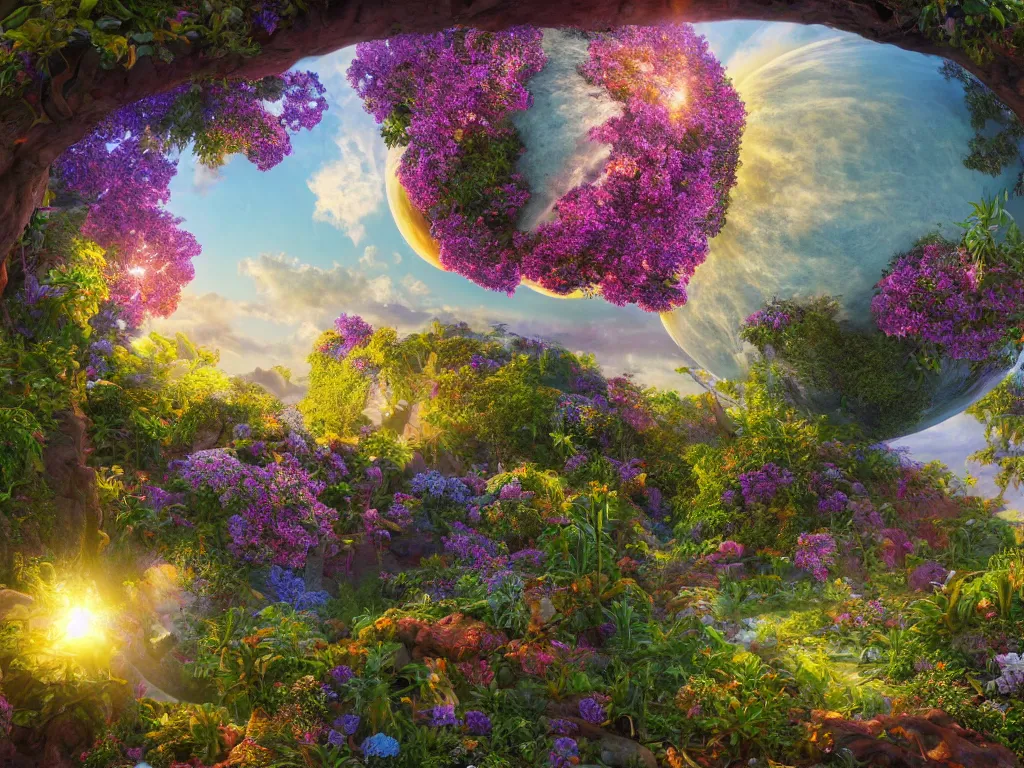 Image similar to 3 d render, the universe is a spheroid region 7 0 5 meters in diameter, sunlight study, art nouveau, by rachel ruysch and charles henry gifford and ( ( ( ( ( lisa frank ) ) ) ) ), kauai springtime, 8 k, extreme detail, sharp focus, octane render