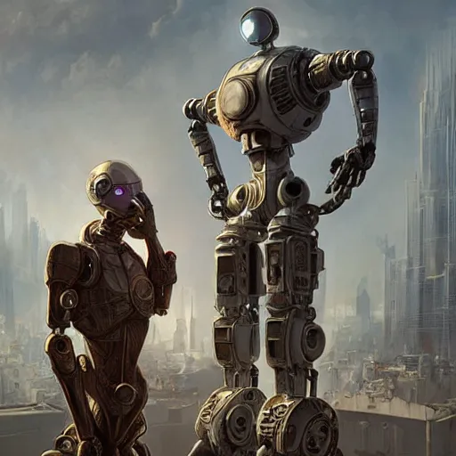 Image similar to two robots standing on a building, apocalyptic, apocalyptic city, gloomy, 8 k, octane render, ultra detailed, art by artgerm and greg rutkowski and alphonse mucha, artstation