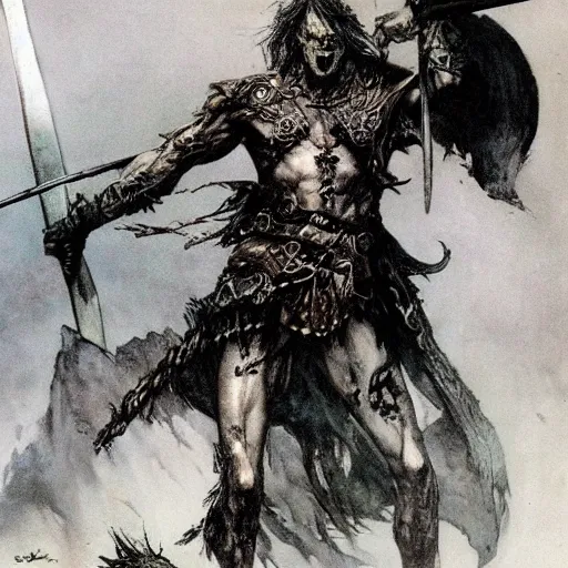 Prompt: barbarian wielding sword on hill of bones, by Frank Frazetta and Luis Royo