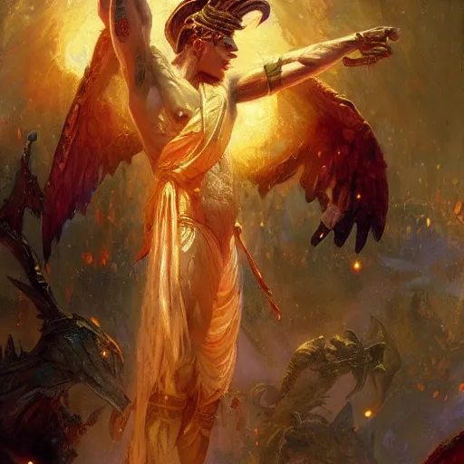 Image similar to attractive male deity casts light spell, summons attractive male lucifer morningstar. highly detailed painting by gaston bussiere, craig mullins, j. c. leyendecker 8 k