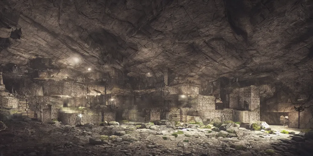 Prompt: an underground city built in a deep pit into the stone walls, 8 k, shallow depth of field, moody lighting, ultra high detail, concept art,