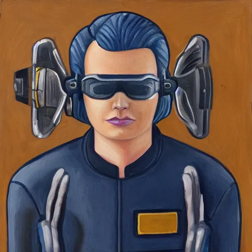 Image similar to square - jawed emotionless serious blonde woman starship engineer, tribal tattoos, handsome, short slicked - back hair, uncomfortable and anxious, looking distracted and awkward, wearing victorian dark goggles, flight suit and gloves, highly detailed, oil painting