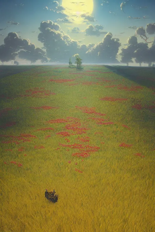 Image similar to a sour cherry field by david a hardy, noriyoshi ohrai, gary ruddell, ( greg rutkowski ), salvador dali, moebius, makoto shinkai, highly detailed, cinematic composition, trending on artstation