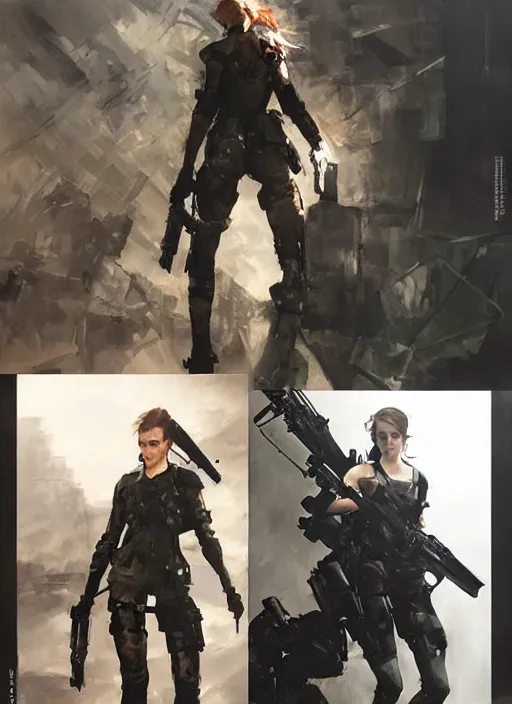 Image similar to emma watson wearing metal gear armor holding rifle dramatic lighting art by Yoji Shinkawa by Richard Schmid by greg rutkowski by Sandra Chevrier by Jeremy Lipking cinematic dramatic