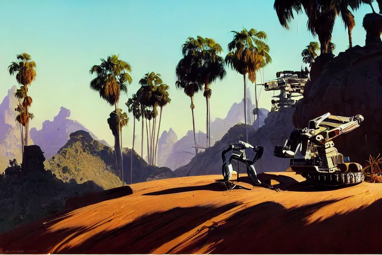 Image similar to natural american landscape | robot repairing another robot | palm trees | snowy mountains, painting by syd mead and weta studio and james jean, frank frazetta, highly detailed, rule of third, soft lighting, 8 k resolution, oil on canvas, architectural magazine, beautiful detailed, insanely intricate details, artstation trending, hypermaximalistic, high details, cinematic