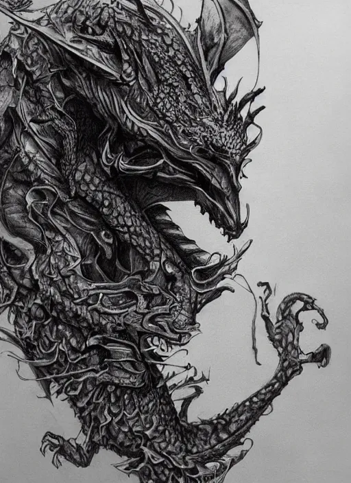 Image similar to highly detailed picture of great dragon, sketch tattoo, edge of the universe, perfectly face, highly detailed, masterpiece, trending on artstation, golden ratio, cinematic romantic magical, perfect intricate highly detailed painting by vonnart, digital art
