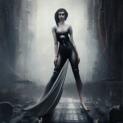 Image similar to By Tom Bagshaw, ultra realist soft painting of an attractive cyberpunk female with sillicon cyborg skin, with thin lustrous long hair floating, photorealistic eyes render, looking at camera, curiosities carnival, symmetry accurate features, very intricate details, focus, dark fantasy background, black and white, curvy