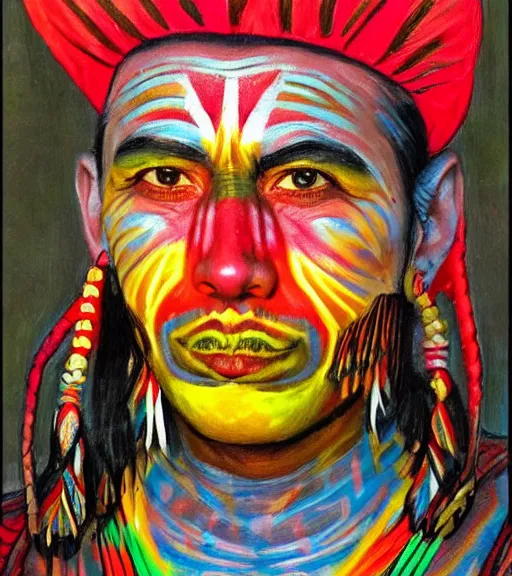 Prompt: Portrait of a shaman dressed in a colorful traditional clothes. His face is painted. Painting in the style of alex grey