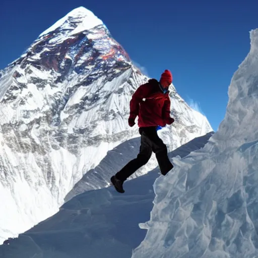 Prompt: man running up mount everest