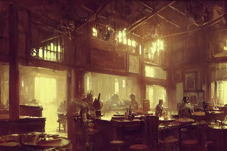 Prompt: tavern interior, intricate, elegant, highly detailed, john park, frazetta, sparth, ruan jia, jeffrey catherine jones