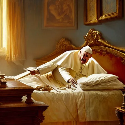 Image similar to the pope wakes up is his bed, sweating, nervous, terrified, because a double horned shadow demon lurks in the wall of the papal bedroom. highly detailed painting by gaston bussiere, j. c. leyendecker, greg rutkowski, craig mullins 8 k