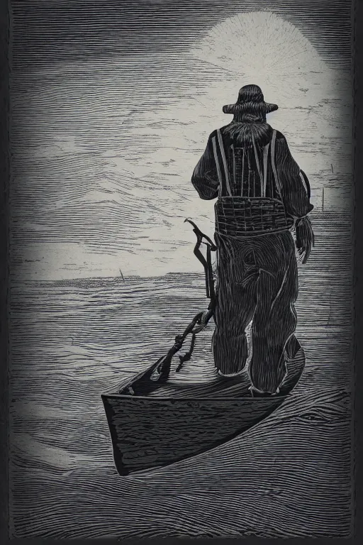 Image similar to a beautiful wood engraving on paper of an old hunched fisherman, 8 k, frostbite 3 engine, cryengine, dof, trending on artstation, digital art, crepuscular ray